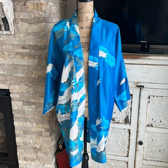 Vintage Marukyo Tokyo turquoise blue w cranes kimono robe - Picture 2 of 16
